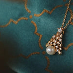 Christmas Tree Necklace, Freshwater White Pearl & White Diamond Necklace Handmade 18k Gold Plated Vermeil Necklace, Anniversary Gift Idea - LaCorserArtJewelry