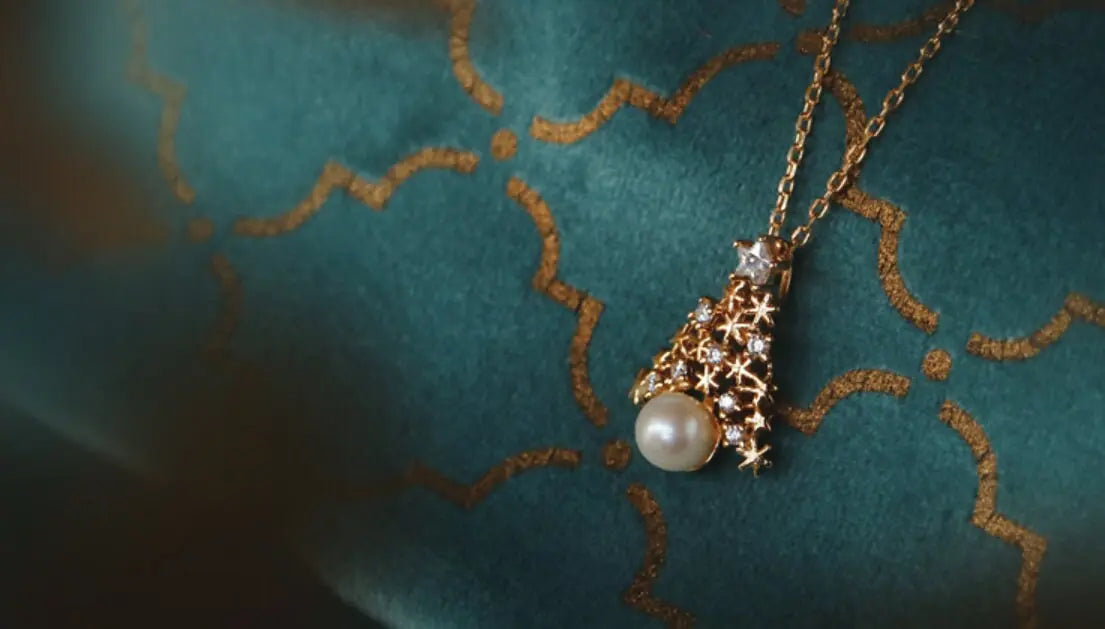 Christmas Tree Necklace, Freshwater White Pearl & White Diamond Necklace Handmade 18k Gold Plated Vermeil Necklace, Anniversary Gift Idea - LaCorserArtJewelry