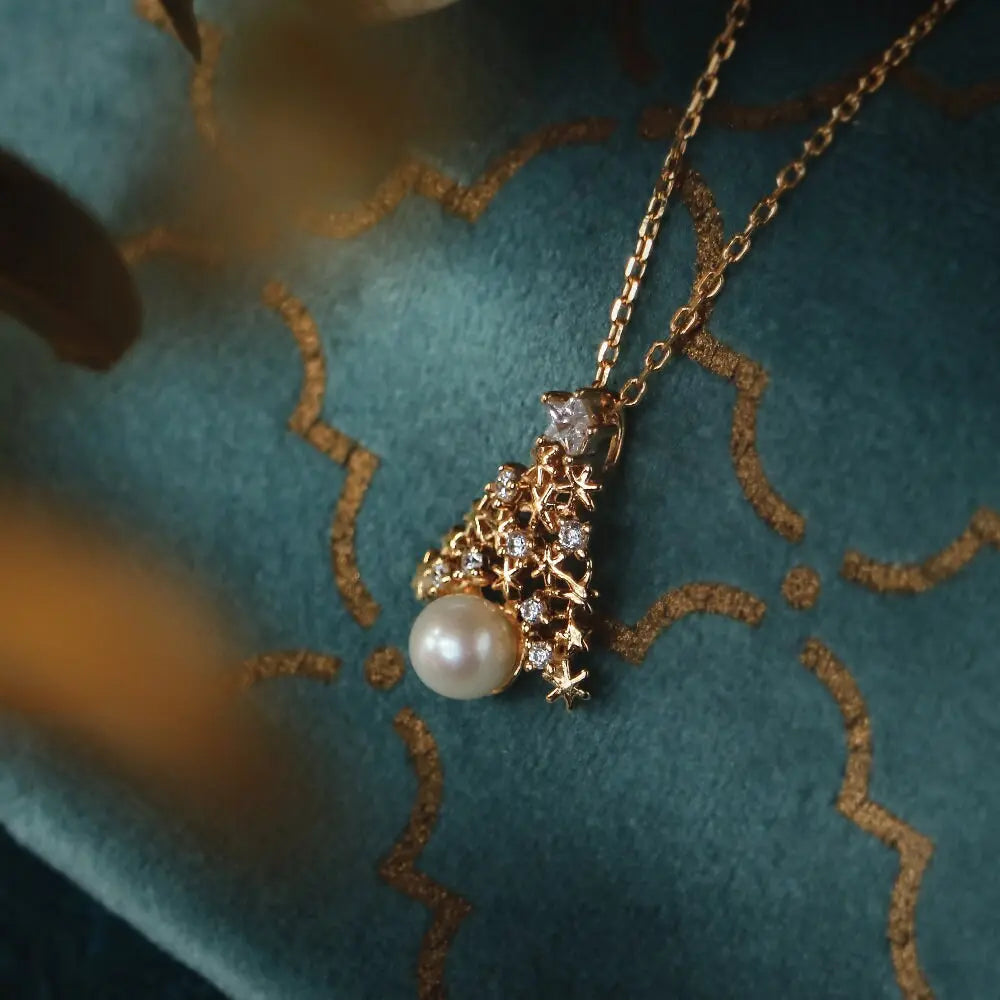 Christmas Tree Necklace, Freshwater White Pearl & White Diamond Necklace Handmade 18k Gold Plated Vermeil Necklace, Anniversary Gift Idea - LaCorserArtJewelry