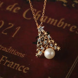 Christmas Tree Necklace, Freshwater White Pearl & White Diamond Necklace Handmade 18k Gold Plated Vermeil Necklace, Anniversary Gift Idea - LaCorserArtJewelry