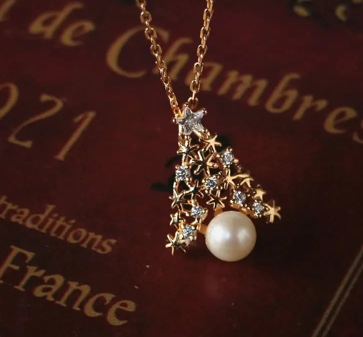 Christmas Tree Necklace, Freshwater White Pearl & White Diamond Necklace Handmade 18k Gold Plated Vermeil Necklace, Anniversary Gift Idea - LaCorserArtJewelry