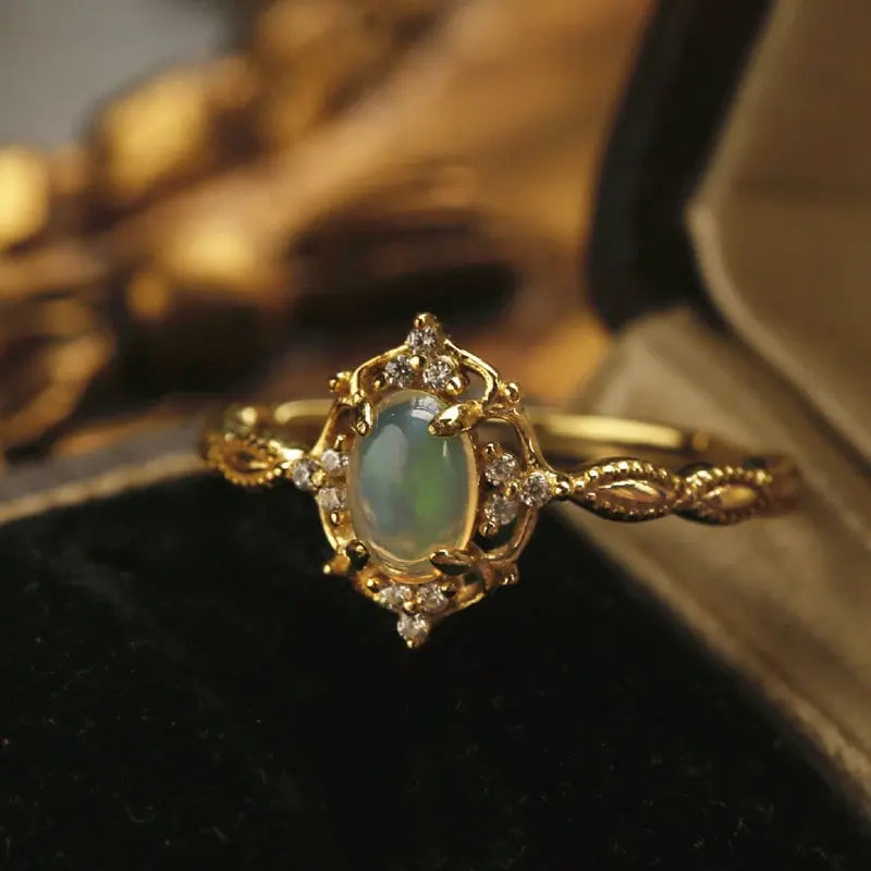 Cabochon Opal & White Diamonds Ring, 18K Solid Yellow Gold Handmade  Ring, October Birthstone, Gift for Her, Anniversary Gift, Fine Jewelry - LaCorserArtJewelry