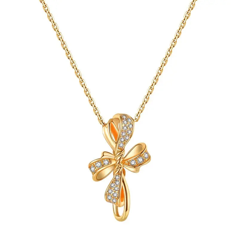 Bowknot White Diamonds Necklace, 18K Solid Yellow Gold Handmade Necklace Etsy