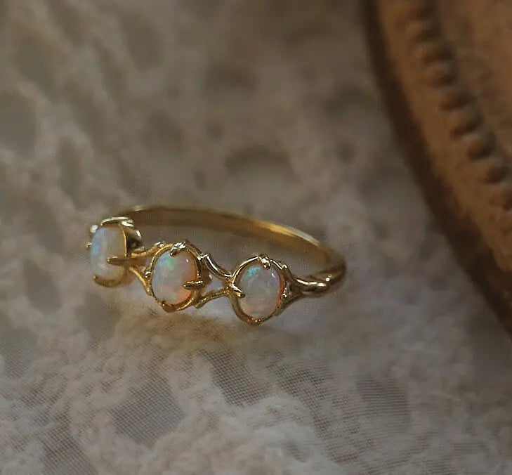 Three Opal Ring, 18K Solid Yellow Gold Handmade Ring, Horizontal Ring, October Birthstone, Gift for Her, Anniversary Gift, Fine Jewelry - LaCorserArtJewelry