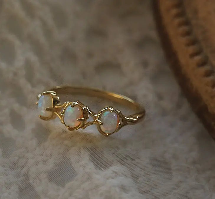 Three Opal Ring, 18K Solid Yellow Gold Handmade Ring, Horizontal Ring, October Birthstone, Gift for Her, Anniversary Gift, Fine Jewelry - LaCorserArtJewelry