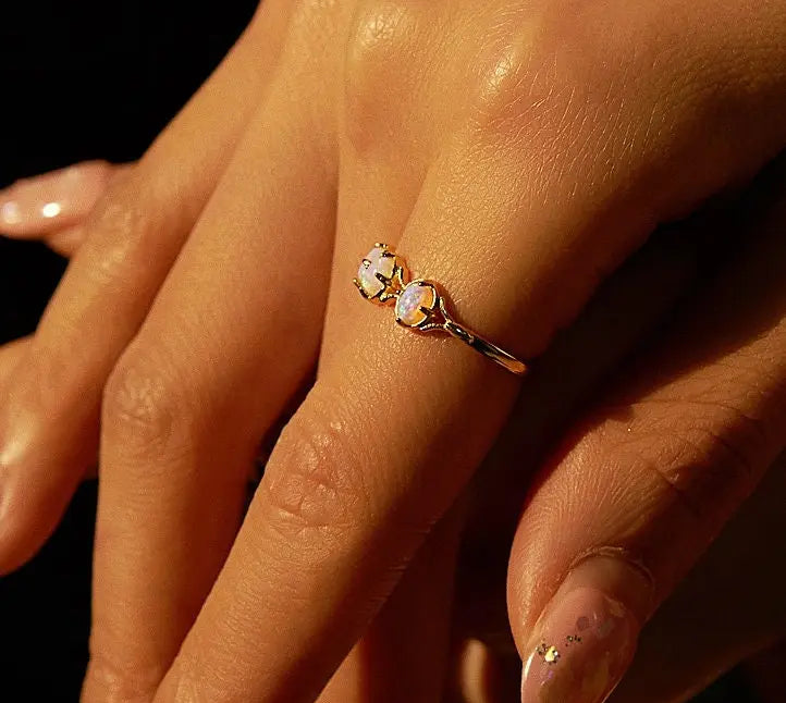 Three Opal Ring, 18K Solid Yellow Gold Handmade Ring, Horizontal Ring, October Birthstone, Gift for Her, Anniversary Gift, Fine Jewelry - LaCorserArtJewelry