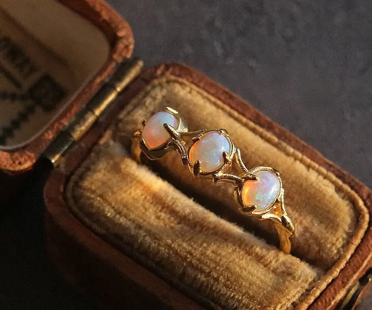 Three Opal Ring, 18K Solid Yellow Gold Handmade Ring, Horizontal Ring, October Birthstone, Gift for Her, Anniversary Gift, Fine Jewelry - LaCorserArtJewelry