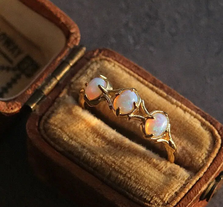Three Opal Ring, 18K Solid Yellow Gold Handmade Ring, Horizontal Ring, October Birthstone, Gift for Her, Anniversary Gift, Fine Jewelry - LaCorserArtJewelry