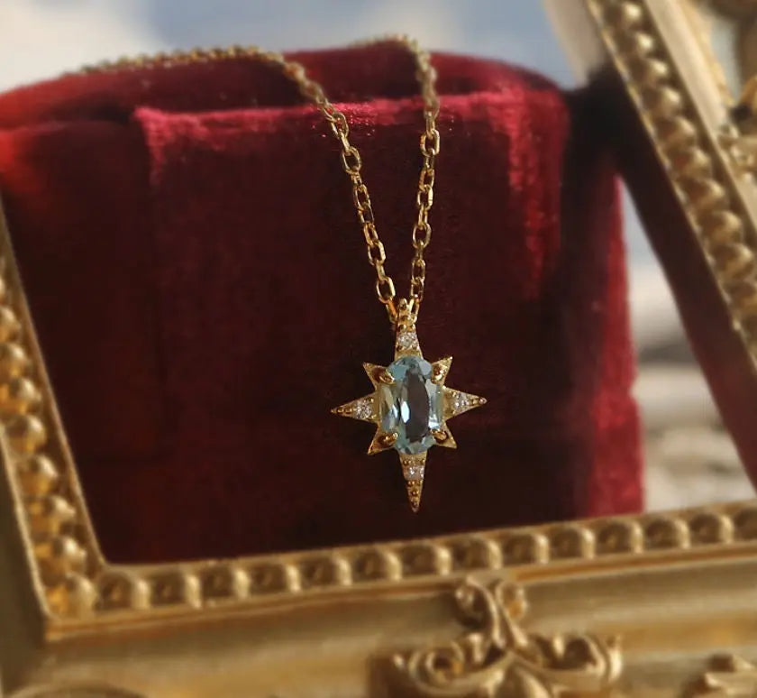 Natural Blue Topaz & White Diamond Necklace, Handmade 18K Solid Yellow Gold Necklace, Polaris Necklace, Gift for Her, Anniversary Gift Idea Etsy