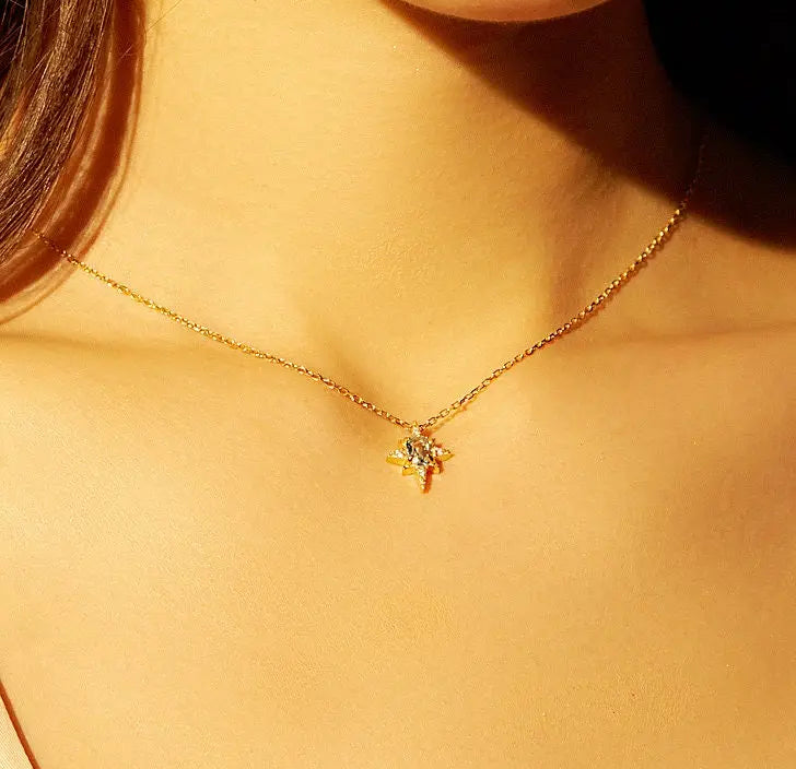 Natural Blue Topaz & White Diamond Necklace, Handmade 18K Solid Yellow Gold Necklace, Polaris Necklace, Gift for Her, Anniversary Gift Idea Etsy