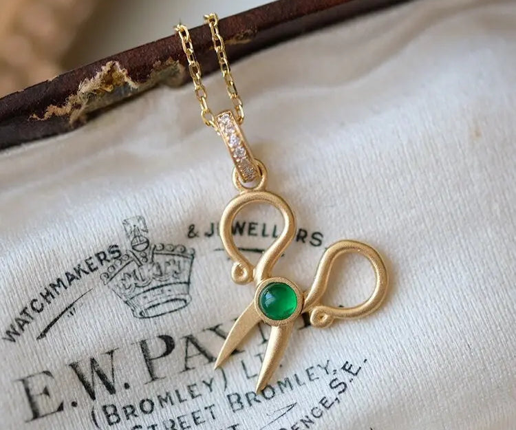 Emerald Cabochon Scissor Design Necklace - 18K Yellow Gold Etsy