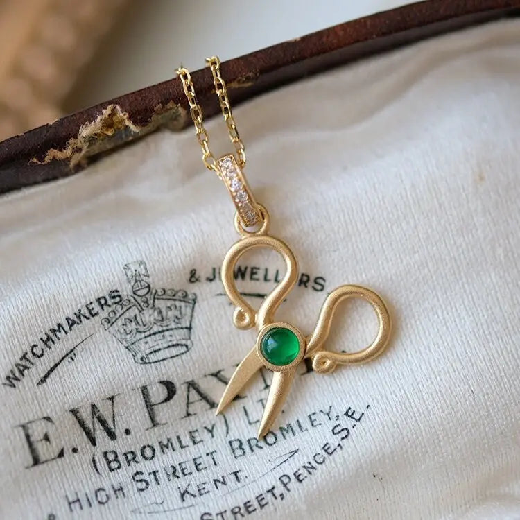 Emerald Cabochon Scissor Design Necklace - 18K Yellow Gold Etsy