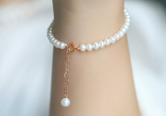 Natural Freshwater Pearl Bracelet - 4mm Oval Beads in Yellow Gold Fill Etsy
