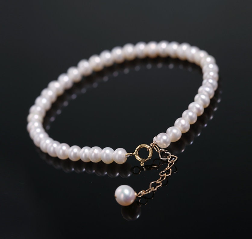 Natural Freshwater Pearl Bracelet - 4mm Oval Beads in Yellow Gold Fill Etsy