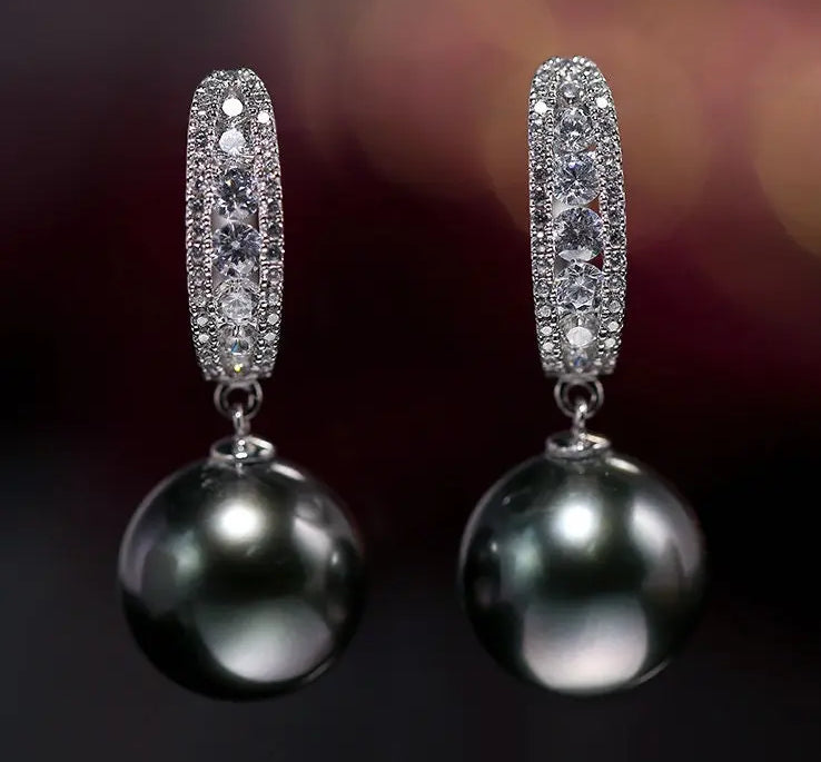 10-11mm Natural Tahitian Peacock Green Pearl Earrings, 18K White Gold Earrings, Black Pearl Earrings Etsy