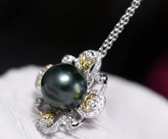 5A+ Natural Tahitian Black Pearl Necklace, Silver 925 Flower Necklace, Gift for Her, Seawater Pearl Necklace, Anniversary Gift Idea Etsy