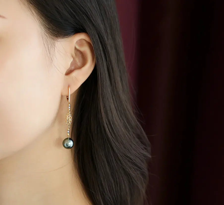 Tahitian Pearl  Diamond Drop Earrings - 18K Yellow Gold Etsy