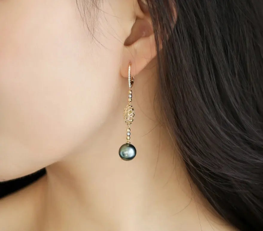 Tahitian Pearl  Diamond Drop Earrings - 18K Yellow Gold Etsy