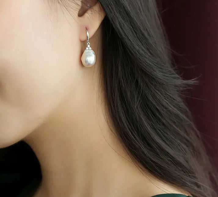 4A+ Natural High Luster Baroque Pearl Earrings, Handmade Silver 925 White Pearl Earrings, Freshwater Pearl Disc Earrings Gift for Her - LaCorserArtJewelry