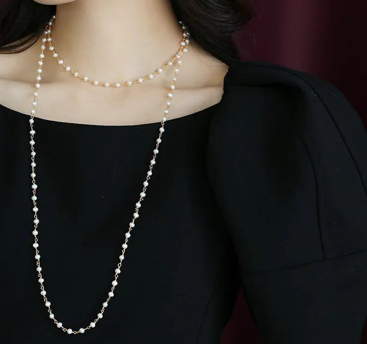 5mm Natural High Luster Pearls Necklace, 14K Gold Filled White Pearl Long Knitwear Necklace, Anniversary Gift Idea, Two Layer Necklace Etsy