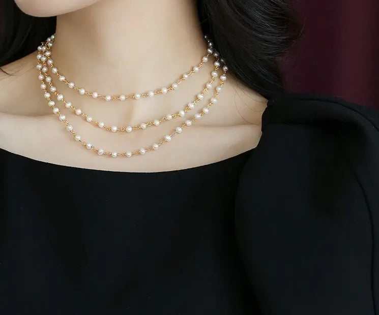5mm Natural High Luster Pearls Necklace, 14K Gold Filled White Pearl Long Knitwear Necklace, Anniversary Gift Idea, Two Layer Necklace Etsy