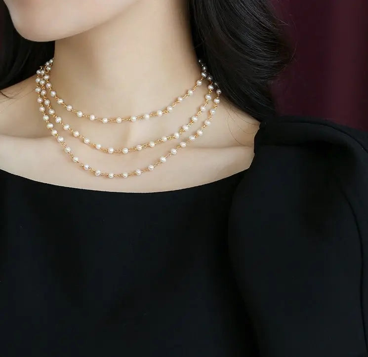 5mm Natural High Luster Pearls Necklace, 14K Gold Filled White Pearl Long Knitwear Necklace, Anniversary Gift Idea, Two Layer Necklace Etsy