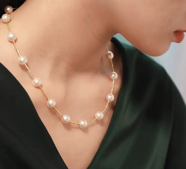 AAA+ Natural Akoya Pearl 9-9.5mm Necklace - 18K Yellow Gold Etsy