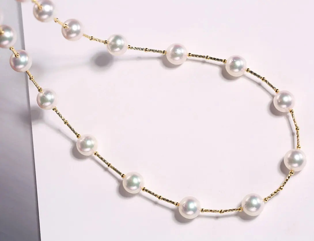 AAA+ Natural Akoya Pearl 9-9.5mm Necklace - 18K Yellow Gold Etsy