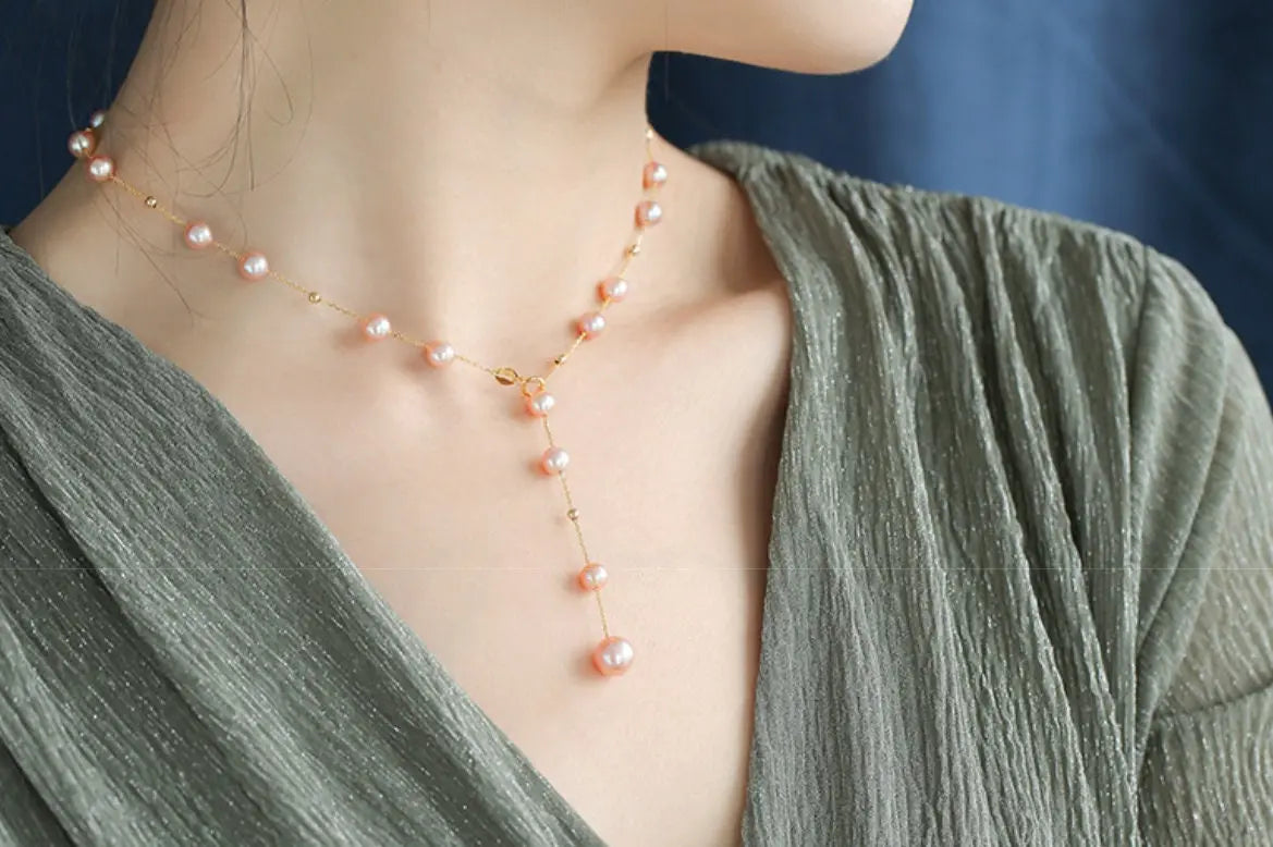 18K Yellow Gold Choker - 6mm Natural Nude Purple Pearl Y-Necklace Etsy