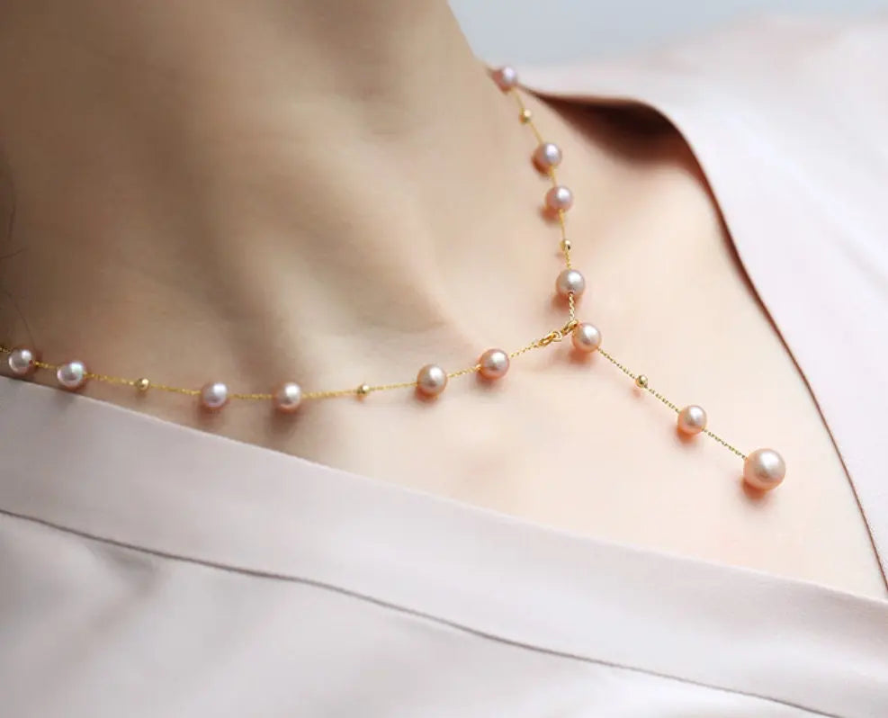 18K Yellow Gold & High Luster 6mm Natural Nude Purple Pearl Chocker Handmade 18K Yellow Gold Y-Necklace, Vanilla Pearl Necklace, Gift Idea Etsy