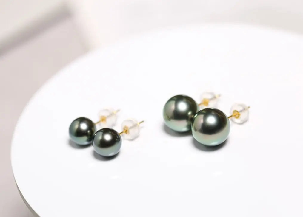 Natural Peacock Green Tahitian Pearls Earrings, 18K Yellow Gold Black Pearl Earrings Stud Earrings Etsy