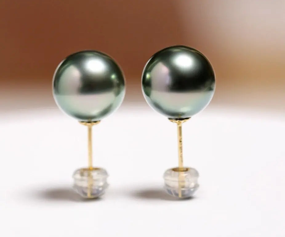 Natural Peacock Green Tahitian Pearls Earrings, 18K Solid Yellow Gold Black Pearl Earrings, Seawater Pearl Stud Earrings, Gift Idea - LaCorserArtJewelry