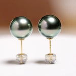 Natural Peacock Green Tahitian Pearls Earrings, 18K Solid Yellow Gold Black Pearl Earrings, Seawater Pearl Stud Earrings, Gift Idea Etsy