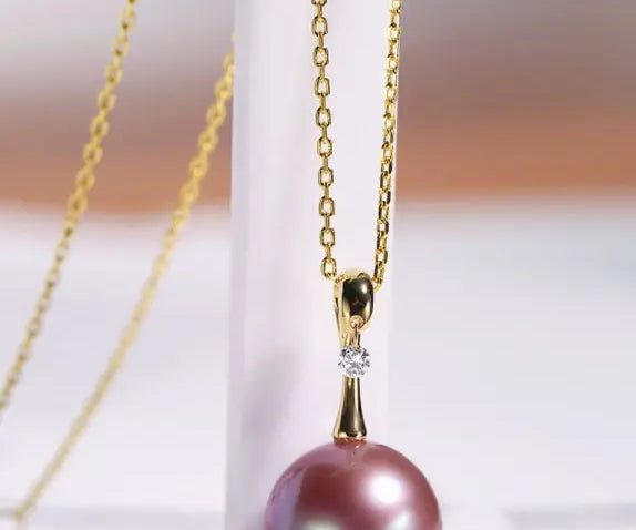 18K Gold High Luster Purple Pearl & White Diamond Necklace, Edison Pearl Necklace Etsy