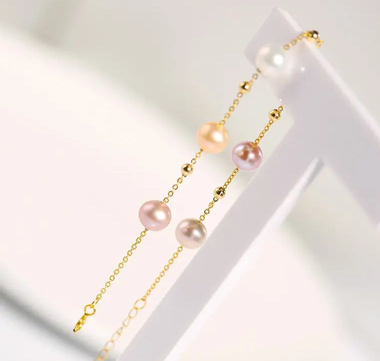 18k Yellow Gold Natural Colorful High Luster Pearl, Beaded Pearl Handmade Bracelets, Rose Pink Pearl Bracelets, Anniversary Gift Idea Etsy