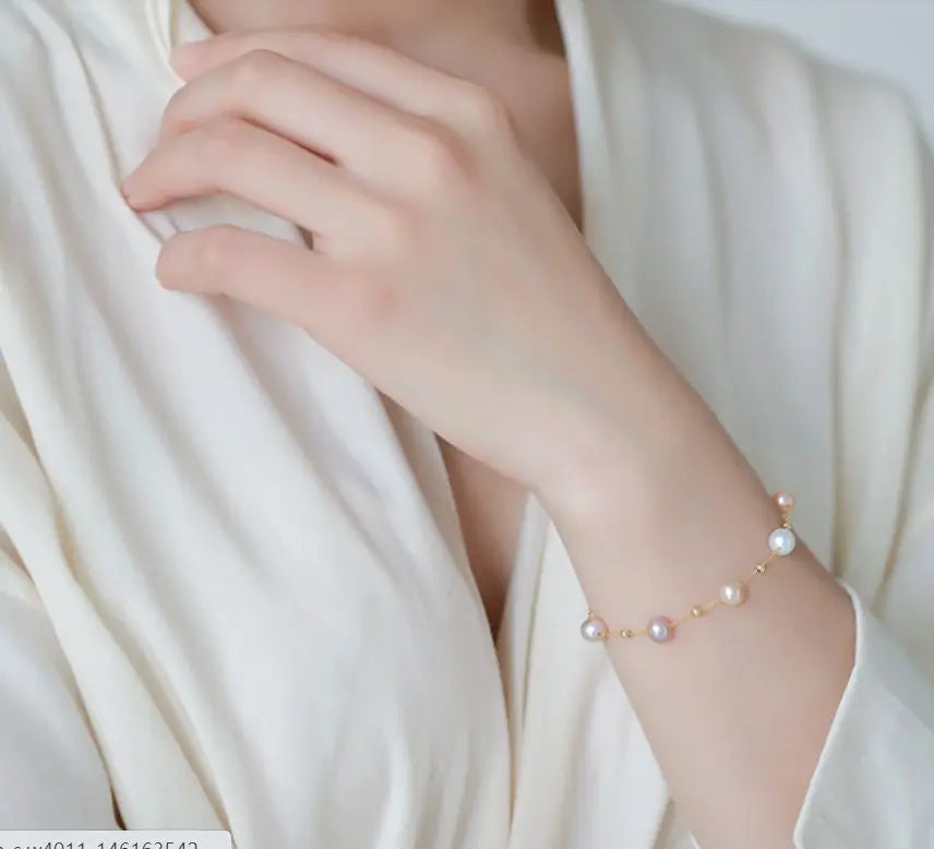 18k Yellow Gold Natural Colorful High Luster Pearl, Beaded Pearl Handmade Bracelets, Rose Pink Pearl Bracelets, Anniversary Gift Idea Etsy