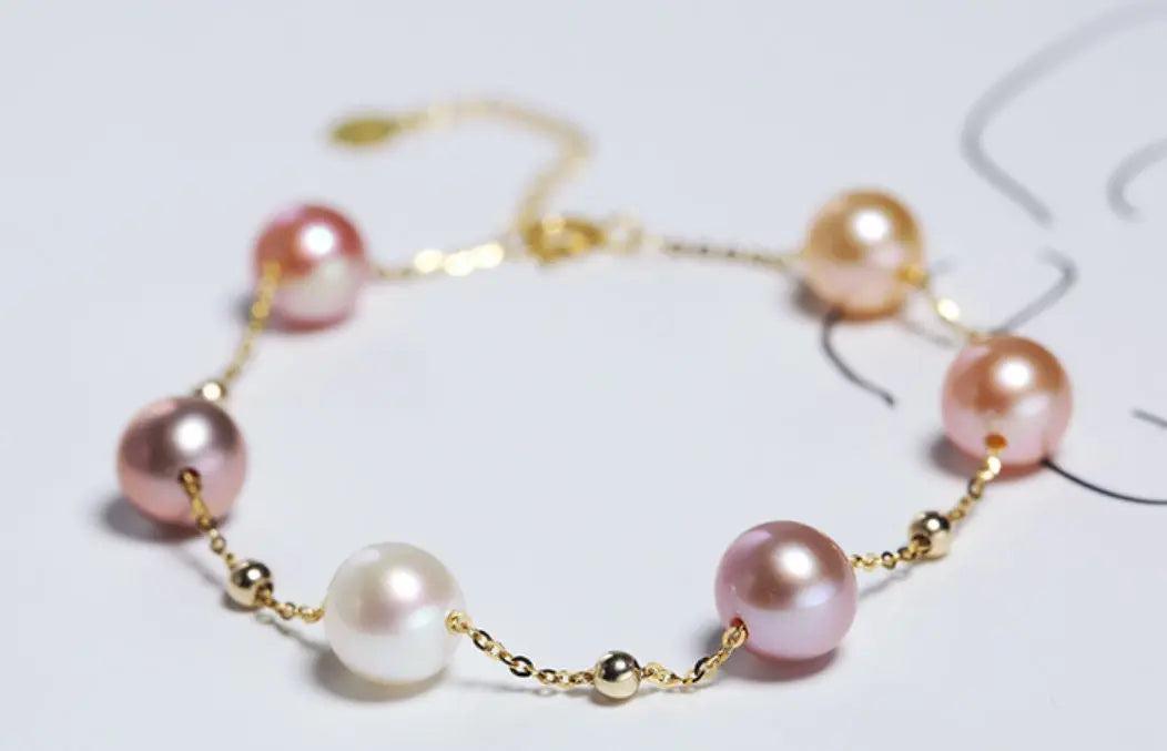 18k Yellow Gold Natural Colorful High Luster Pearl, Beaded Pearl Handmade Bracelets, Rose Pink Pearl Bracelets, Anniversary Gift Idea Etsy