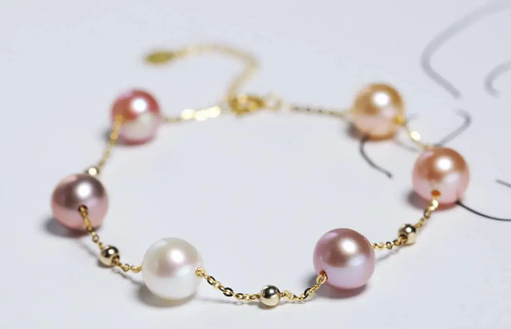 7mm Natural Colorful High Luster Pearl, 18k Yellow Gold Beaded Pearl Handmade Bracelets, Rose Pink Pearl Bracelets, Anniversary Gift Idea Etsy