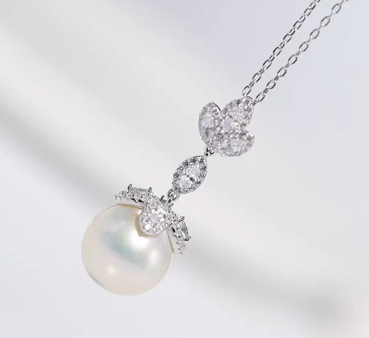 13mm Natural High Luster Pearl Necklace, Silver 925 Handmade Flower Necklace, Freshwater Pearl Necklace, White Pink Pearl, Gift Idea for Her - LaCorserArtJewelry