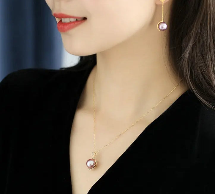 12mm High Luster Purple Rose Tone Pearl Necklace, 18k Gold Plated Vermeil Handmade Carved Necklace, Anniversary Gift Idea, Gift for Her Etsy