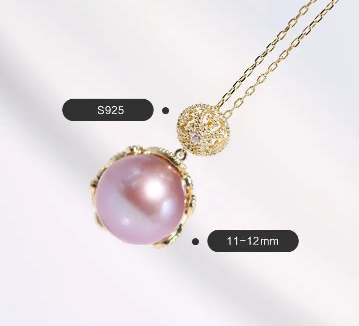 12mm High Luster Purple Rose Tone Pearl Necklace, 18k Gold Plated Vermeil Handmade Carved Necklace, Anniversary Gift Idea, Gift for Her Etsy