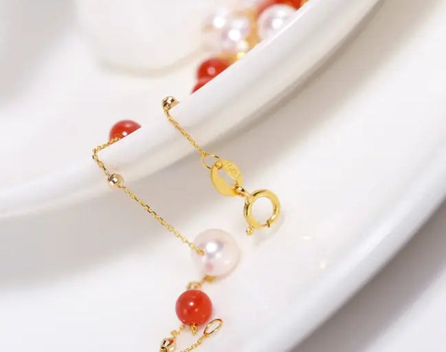 18K Yellow Gold Akoya Pearl & South Red Agate Necklace Etsy