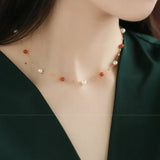 18K Yellow Gold Akoya Pearl & South Red Agate Necklace Etsy