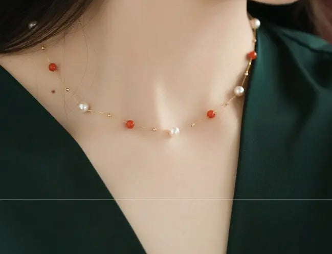 18K Yellow Gold Akoya Pearl & South Red Agate Necklace Etsy