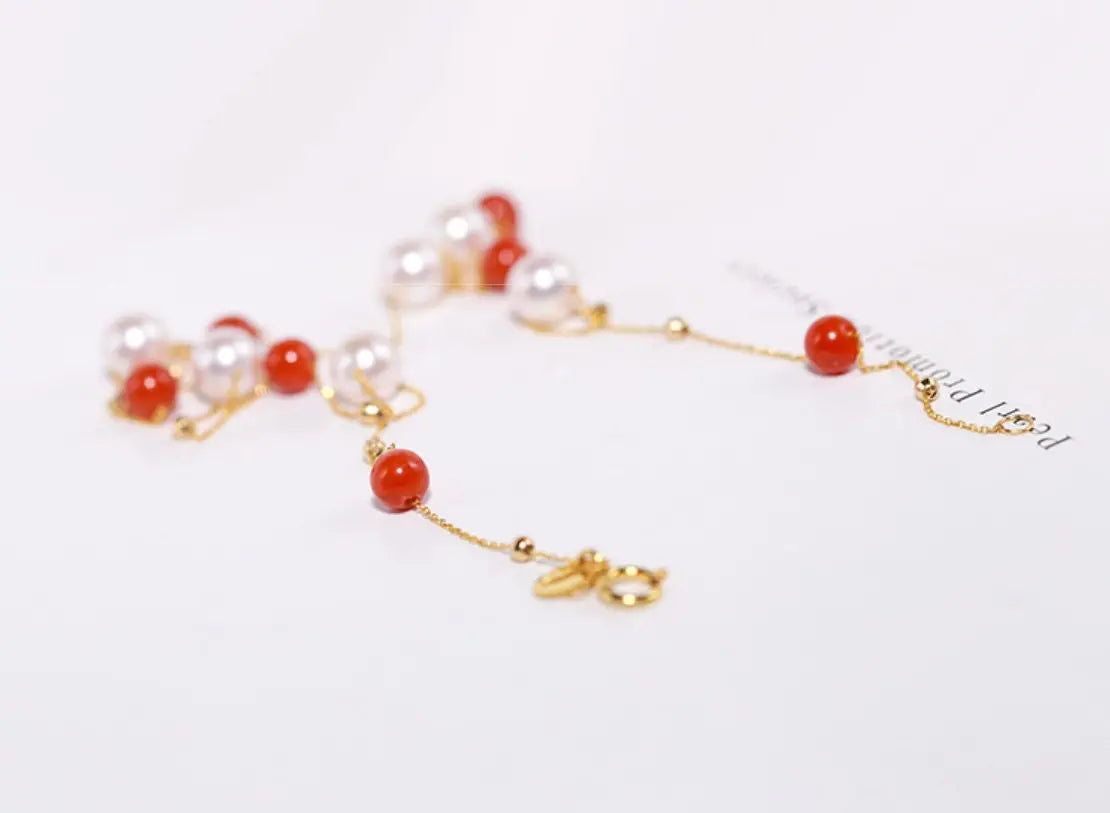 18K Yellow Gold Akoya Pearl & South Red Agate Necklace Etsy