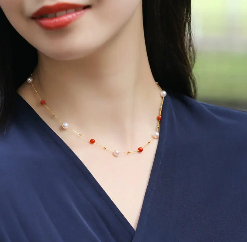 18K Yellow Gold Akoya Pearl & South Red Agate Necklace Etsy