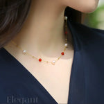 18K Yellow Gold Akoya Pearl & South Red Agate Necklace Etsy