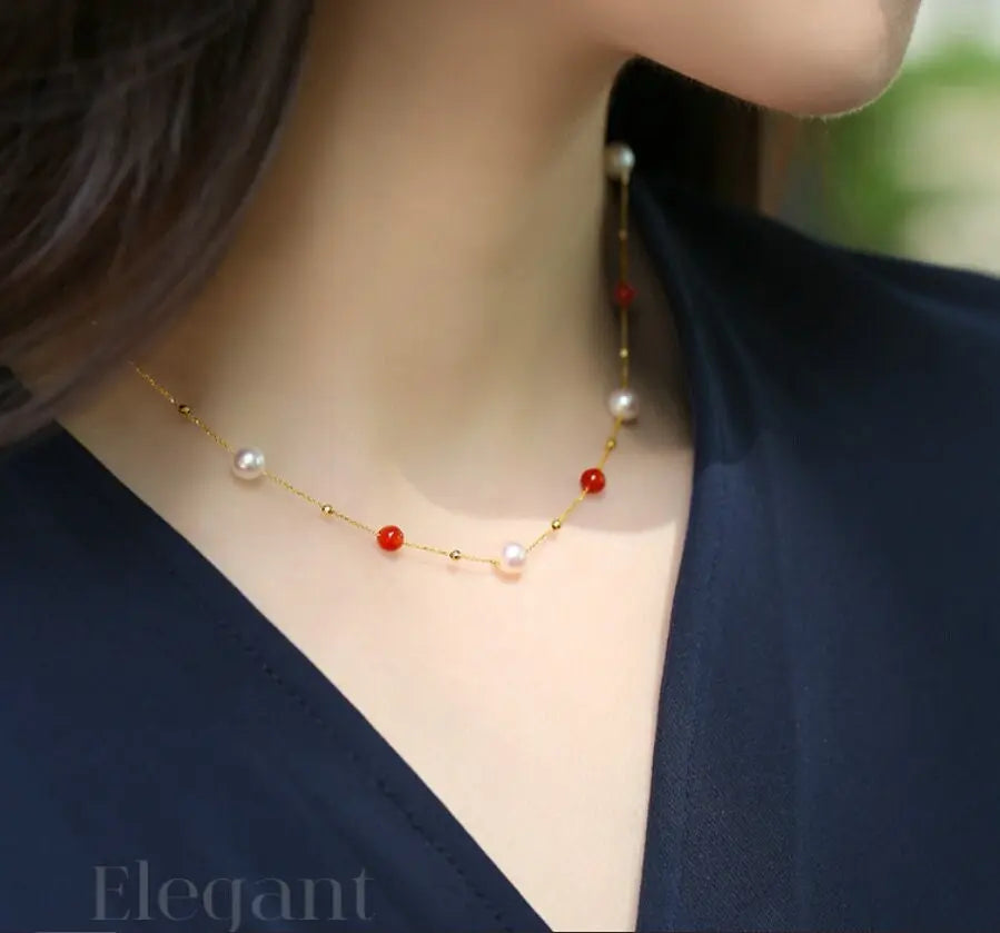 18K Yellow Gold Akoya Pearl & South Red Agate Necklace Etsy