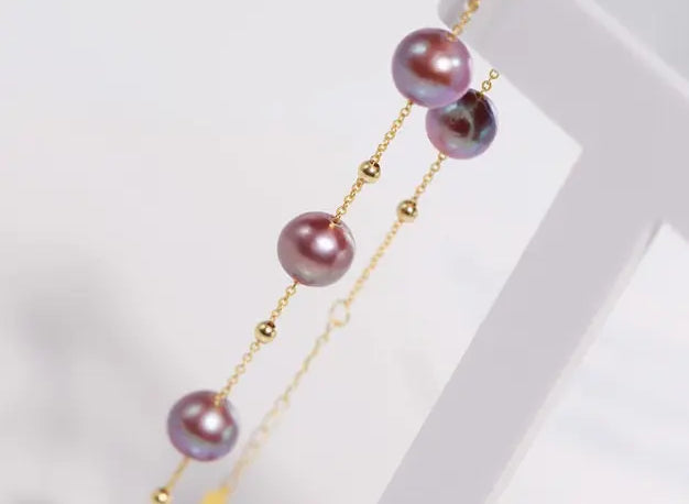 18k Yellow Gold 8.5mm Natural High Luster Purple Pearl, Beaded Pearl Handmade Bracelets, Rose Tone Pink Pearl Bracelets, Anniversary Gift Etsy