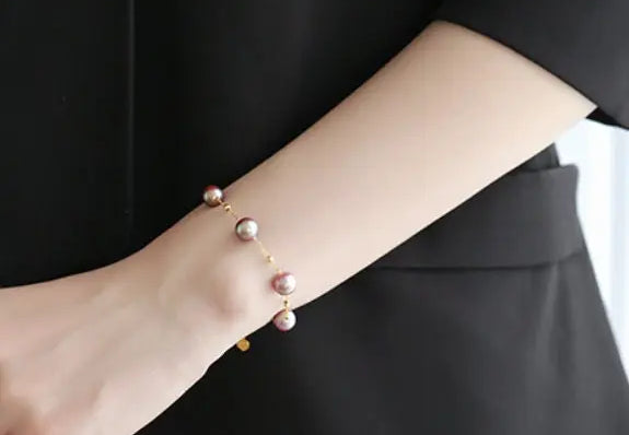 18k Yellow Gold 8.5mm Natural High Luster Purple Pearl, Beaded Pearl Handmade Bracelets, Rose Tone Pink Pearl Bracelets, Anniversary Gift Etsy